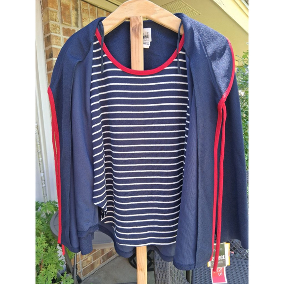 Women's Leslie Fay Petite 14P Navy Blue Red Striped 2-Piece Cardigan Set NWT - Picture 4 of 12